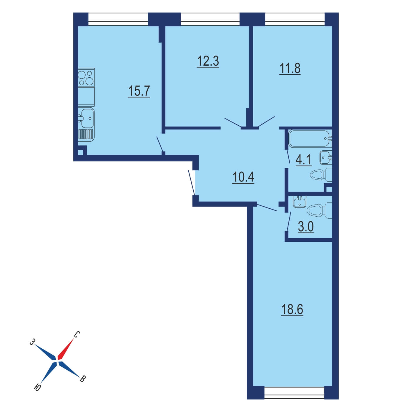 Планировка 3х комнатной квартиры 78.40м² на 8 этаже в Жилой район Скандинавия