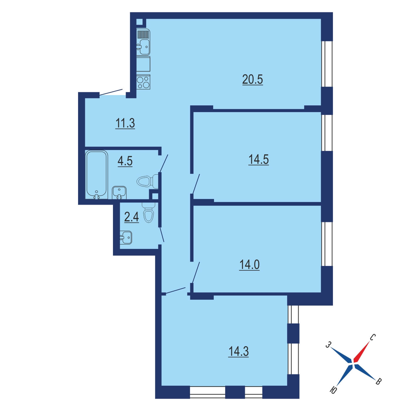Планировка 3х комнатной квартиры 84.20м² на 12 этаже в Жилой район Скандинавия
