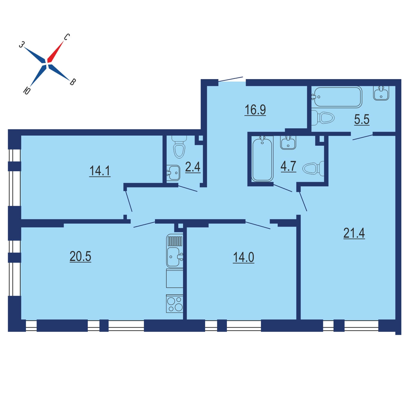 Планировка 4х комнатной квартиры 98.50м² на 14 этаже в Жилой район Скандинавия