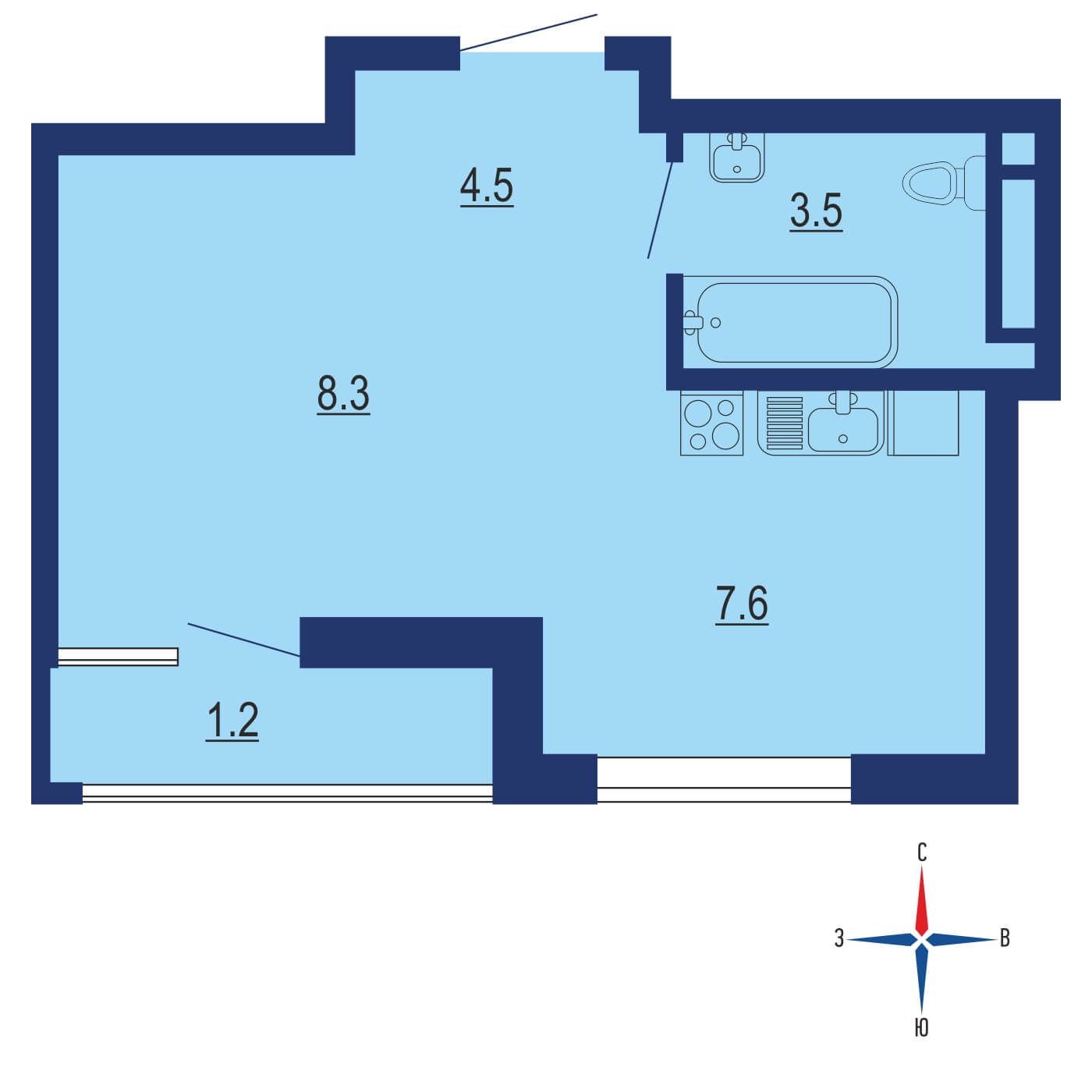 Планировка 1х комнатной квартиры 24.20м² на 3 этаже в Жилой район Скандинавия