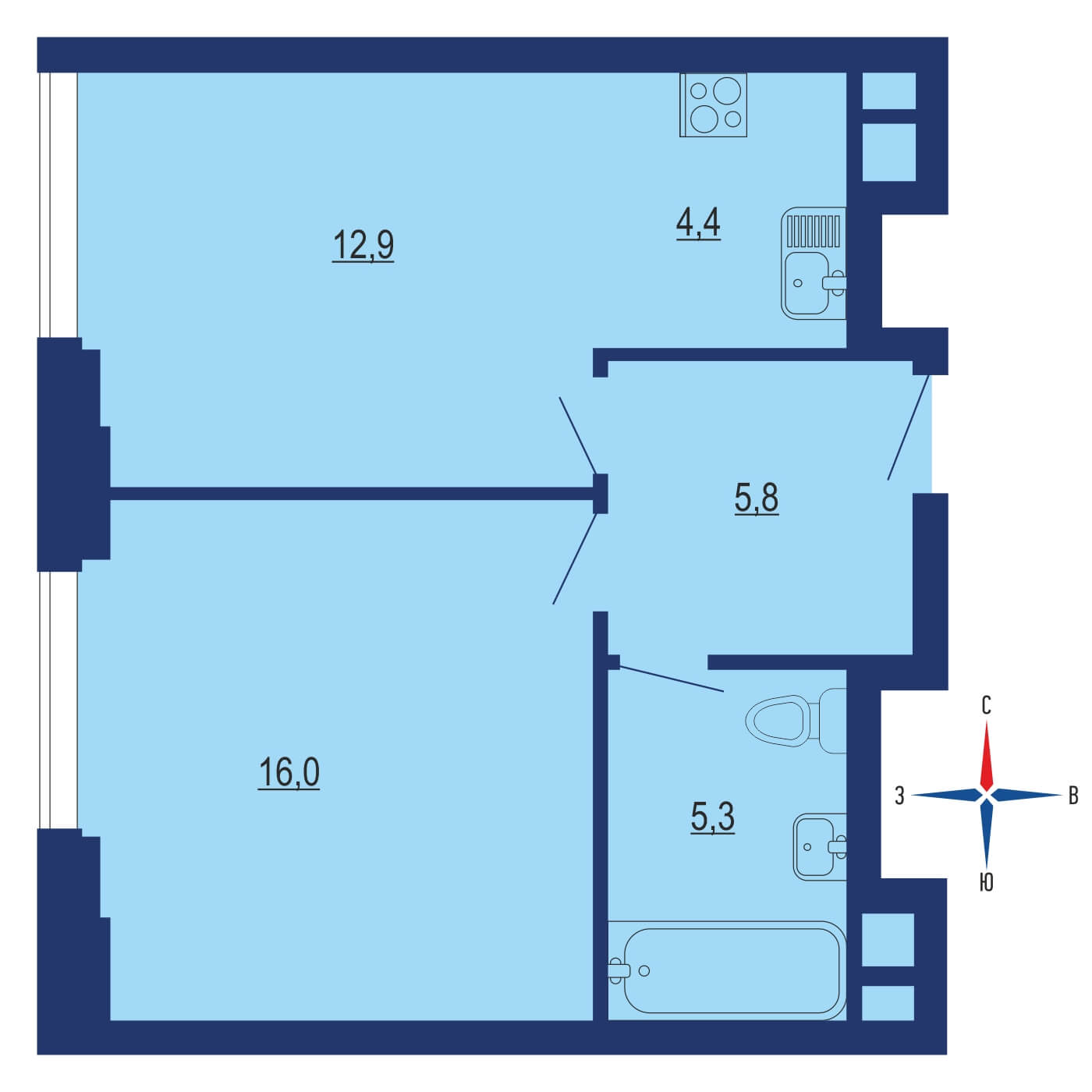 Планировка 1х комнатной квартиры 46.80м² на 26 этаже в ЖК Событие