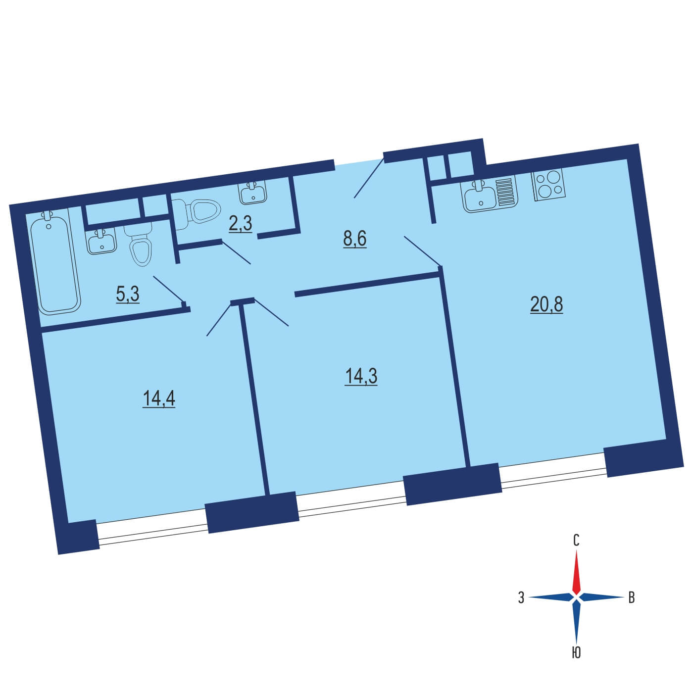 Планировка 2х комнатной квартиры 70.20м² на 28 этаже в ЖК Событие