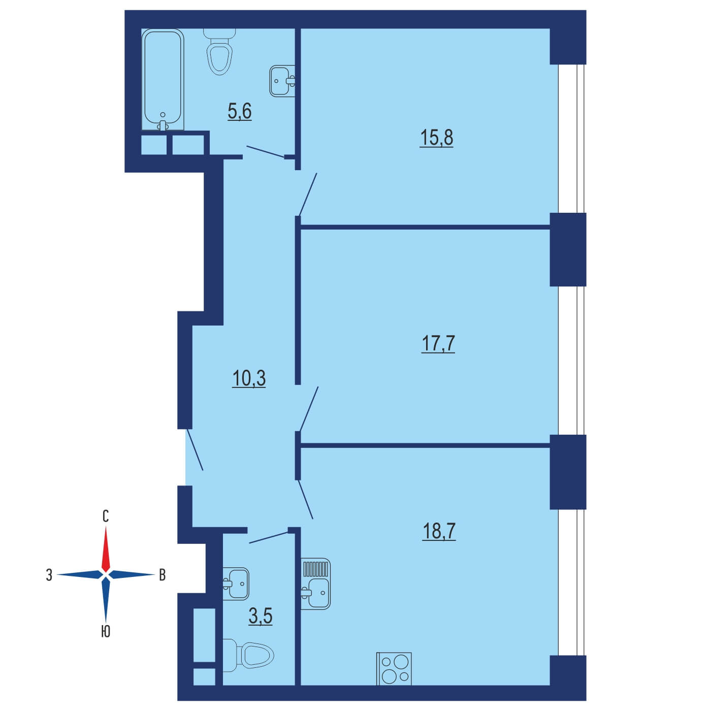 Планировка 3х комнатной квартиры 85.60м² на 28 этаже в ЖК Событие