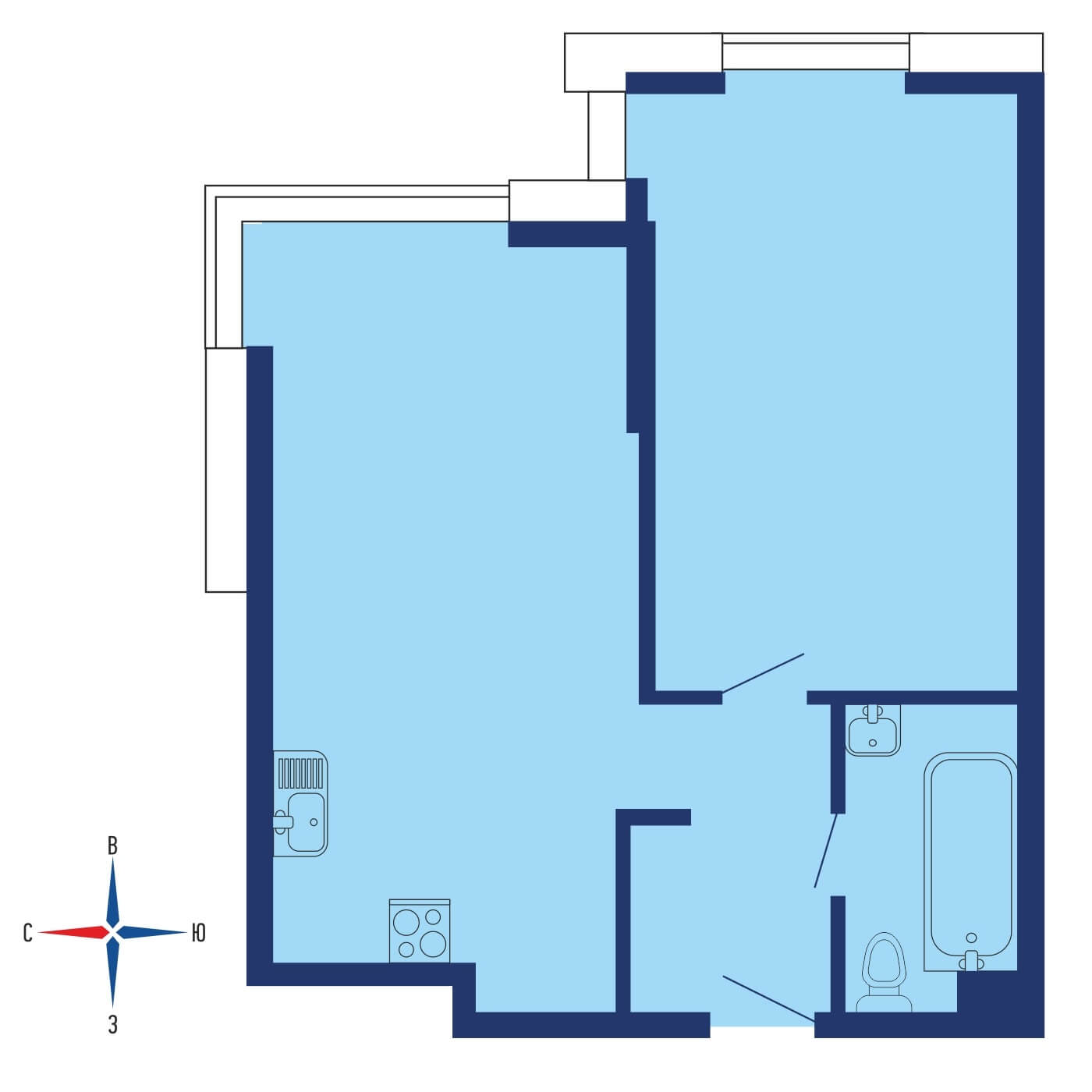 Планировка 2х комнатной квартиры 57.00м² на 15 этаже в ЖК Soho+Noho (Сохо+Нохо)