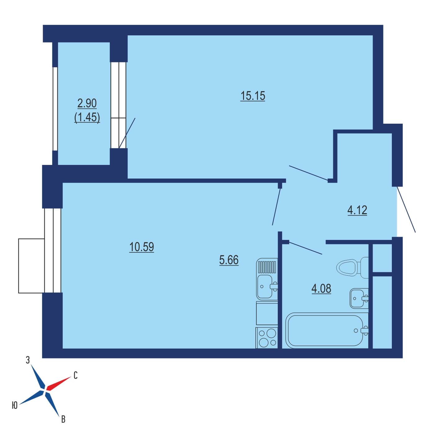 Планировка 2х комнатной квартиры 41.05м² на 22 этаже в ЖК TopHills (ТопХиллс)