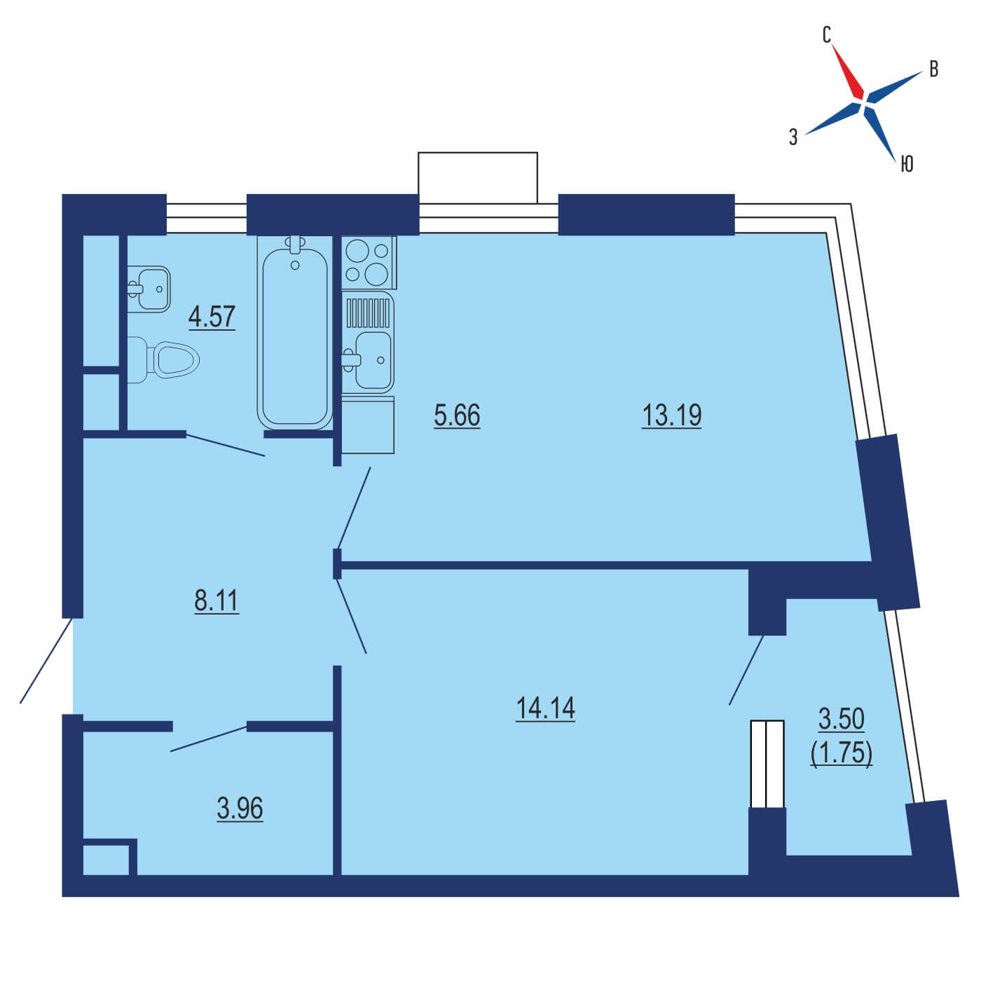 Планировка 2х комнатной квартиры 49.33м² на 25 этаже в ЖК TopHills (ТопХиллс)
