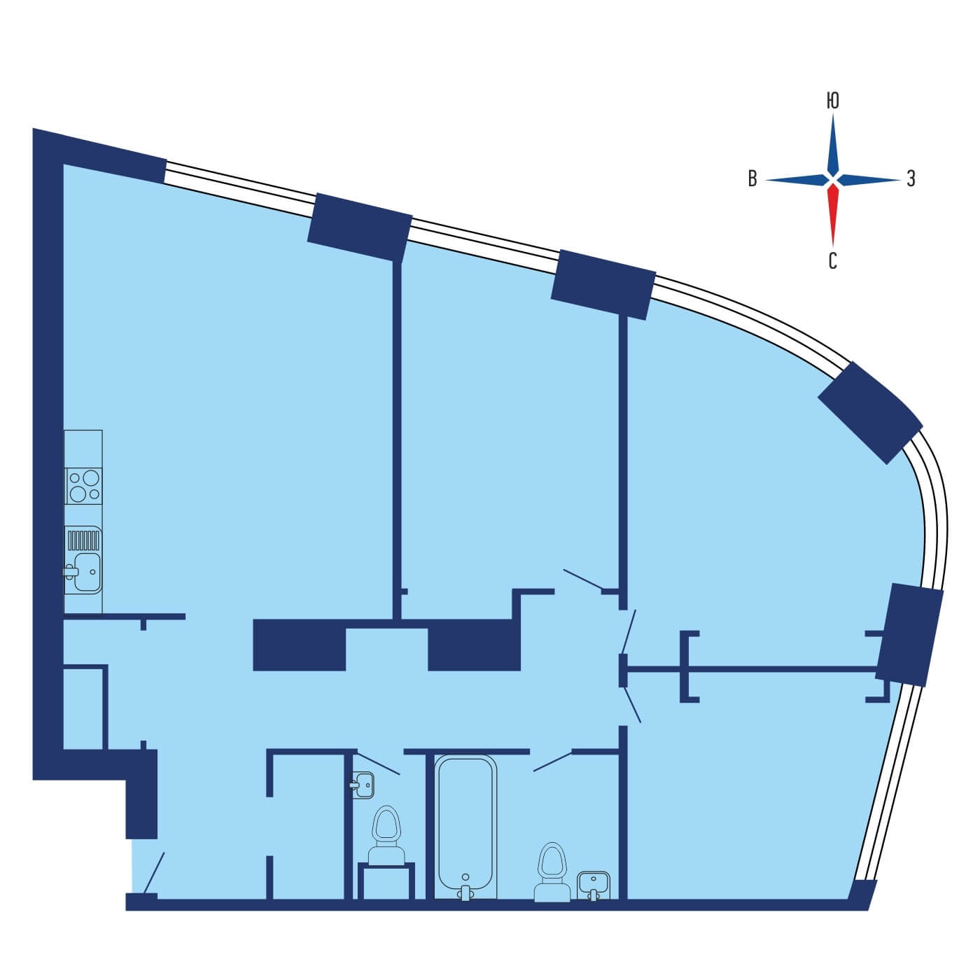 Планировка 2х комнатной квартиры 97.20м² на 23 этаже в ЖК Триколор