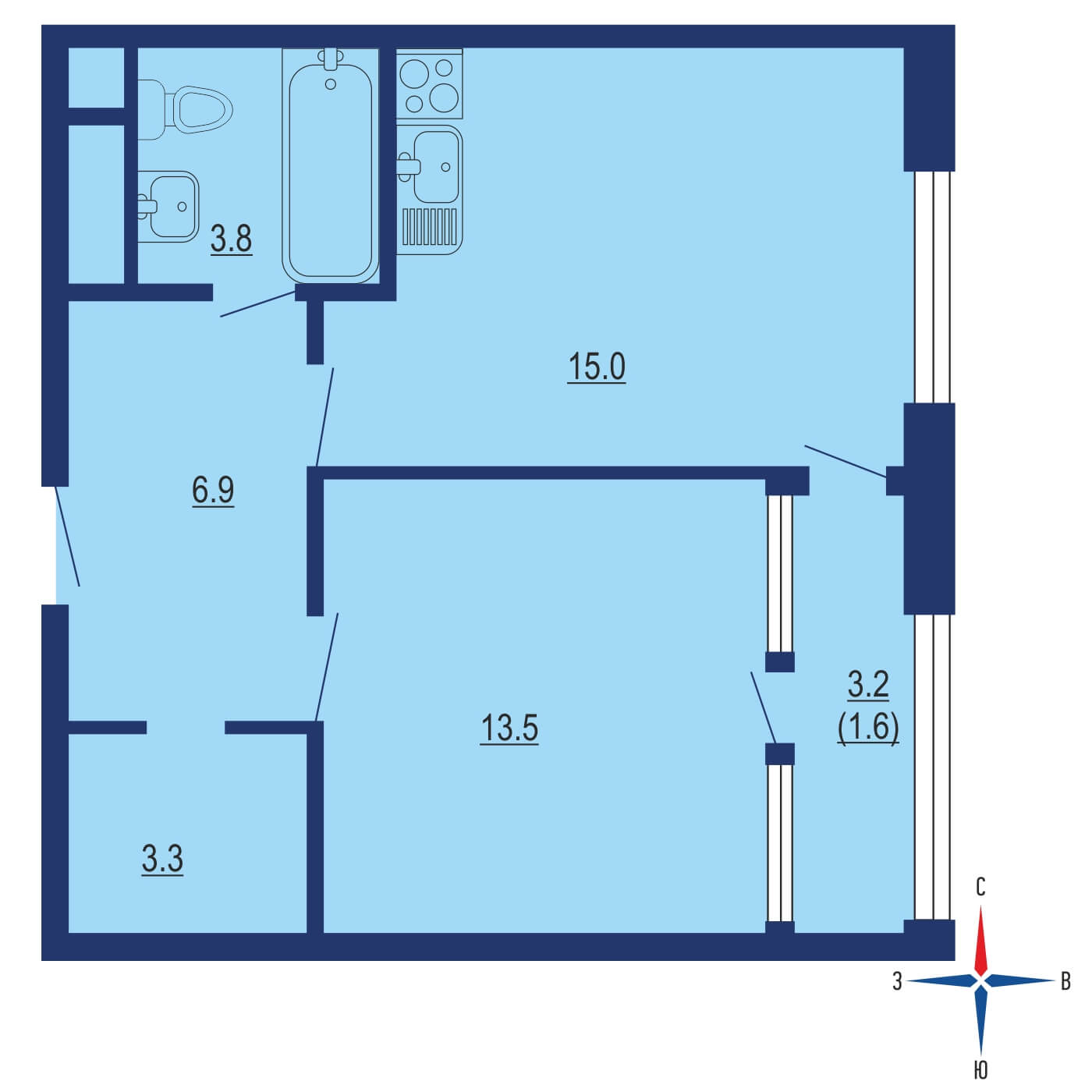 Планировка 2х комнатной квартиры 46.80м² на 7 этаже в ЖК Вереск