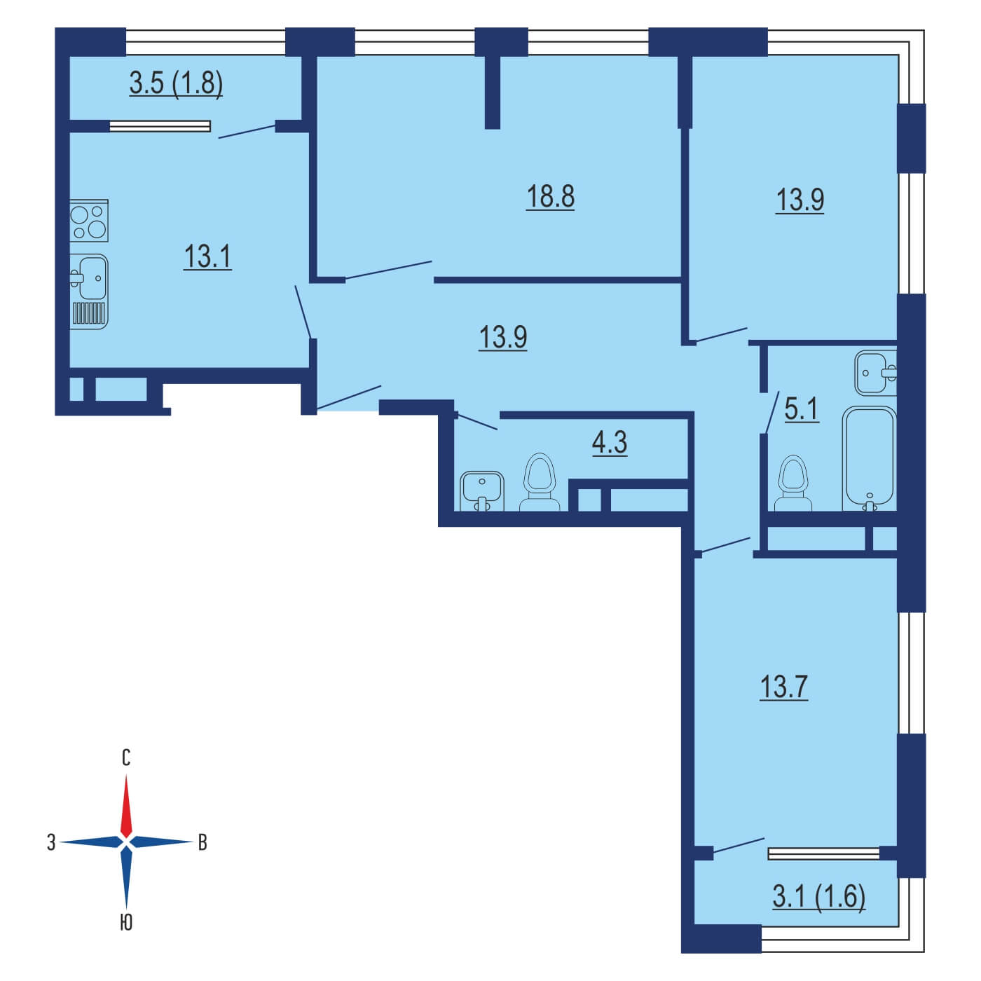 Планировка 3х комнатной квартиры 88.80м² на 19 этаже в ЖК Вереск