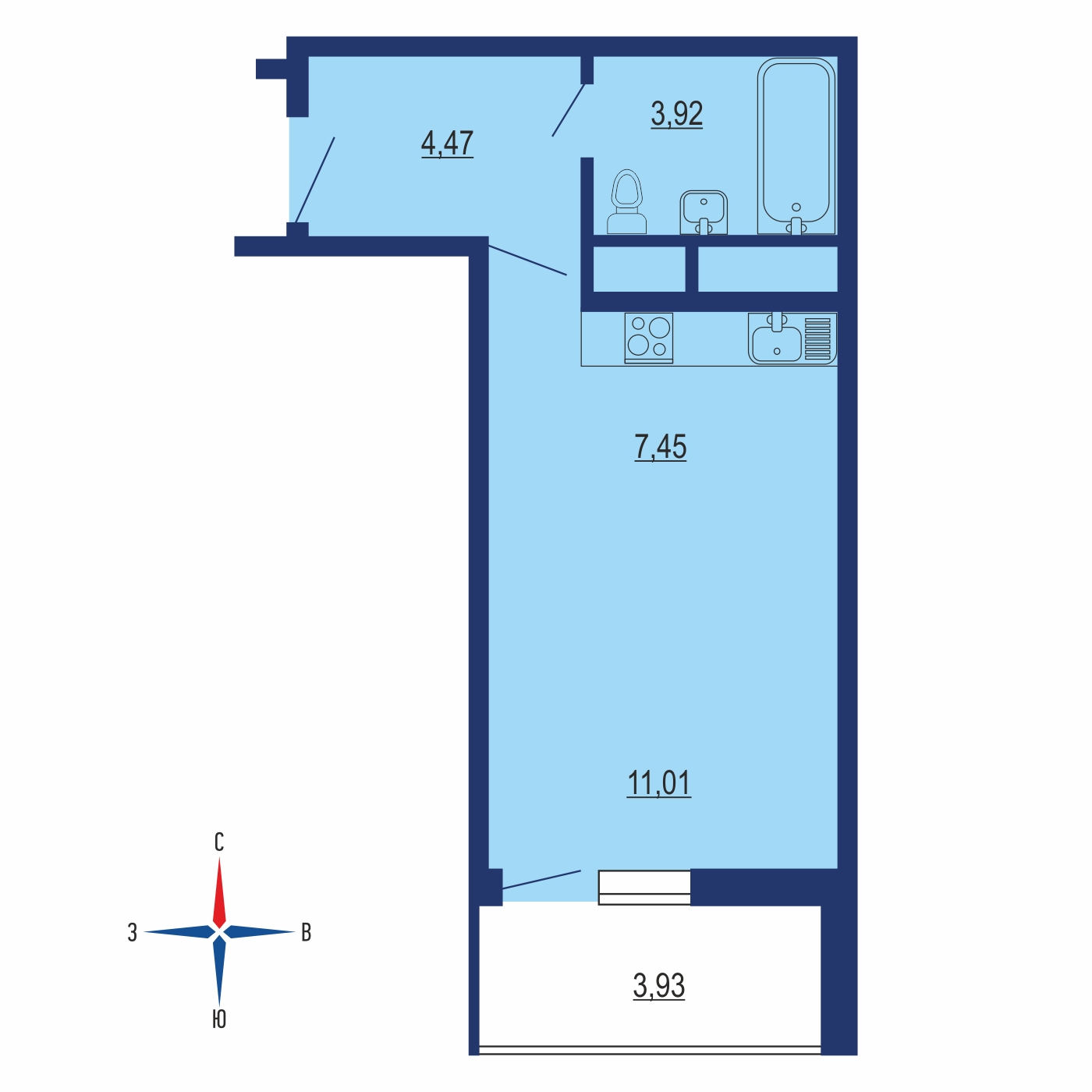 Планировка 1х комнатной квартиры 23.56м² на 8 этаже в ЖК Весна (Апрелевка)