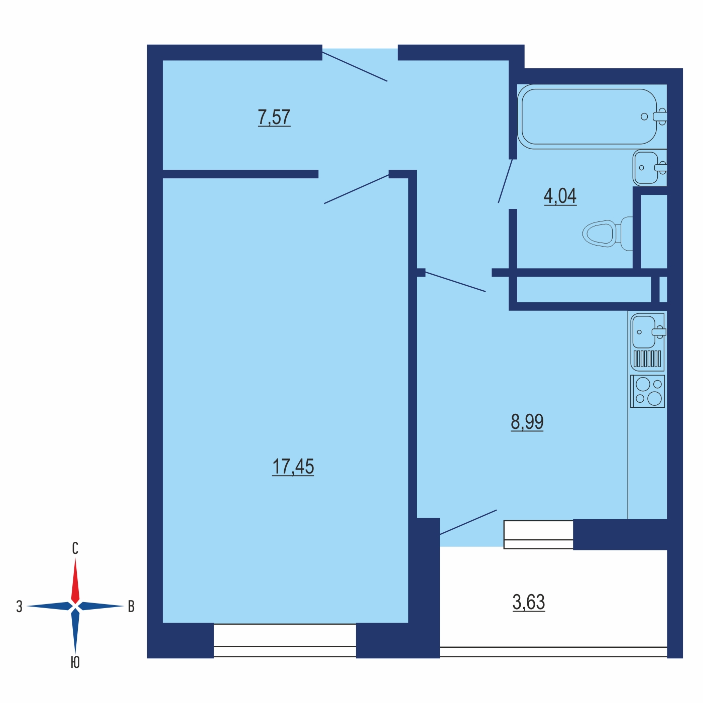 Планировка 1х комнатной квартиры 41.06м² на 11 этаже в ЖК Весна (Апрелевка)