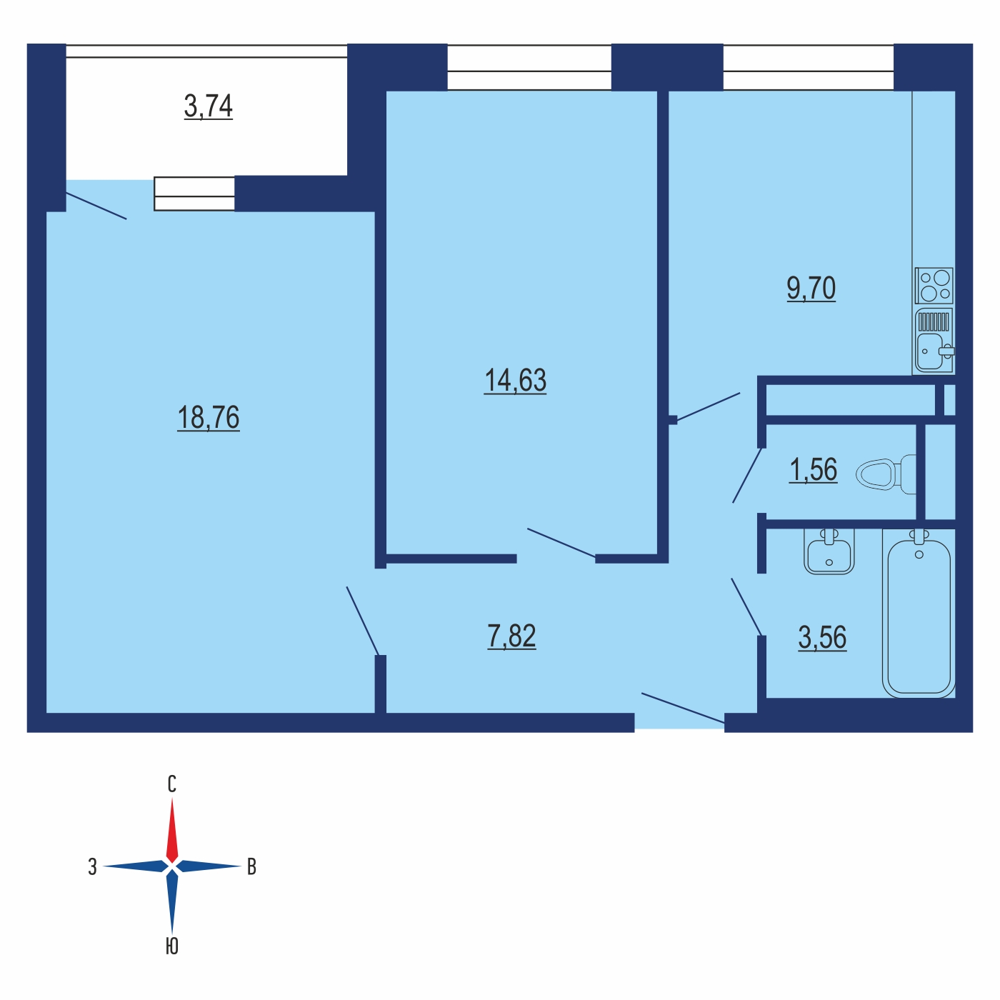 Планировка 2х комнатной квартиры 44.14м² на 8 этаже в ЖК Весна (Апрелевка)