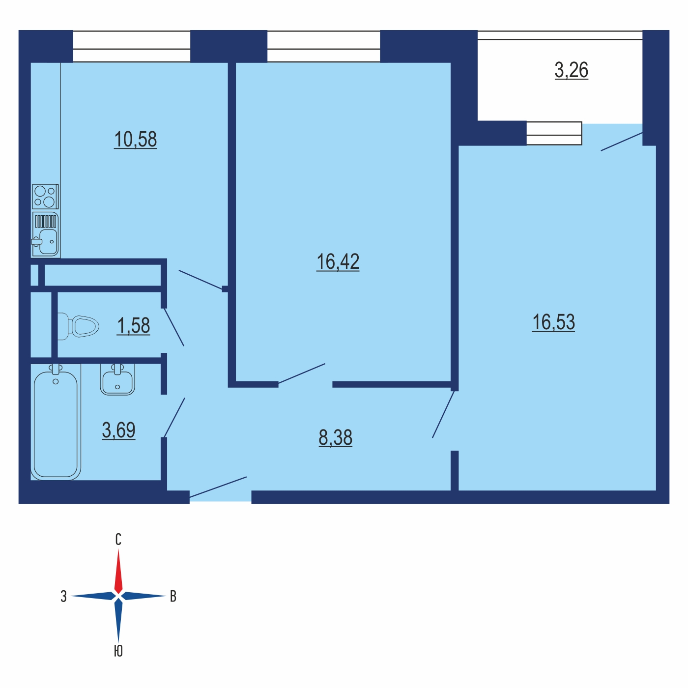 Планировка 2х комнатной квартиры 59.49м² на 12 этаже в ЖК Весна (Апрелевка)