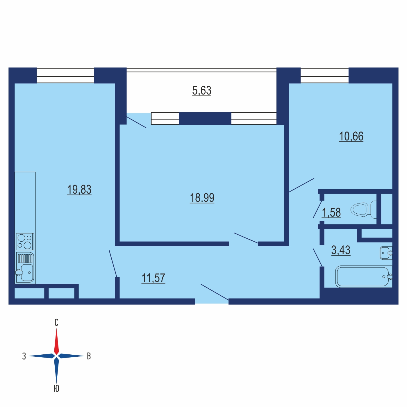 Планировка 3х комнатной квартиры 68.98м² на 9 этаже в ЖК Весна (Апрелевка)