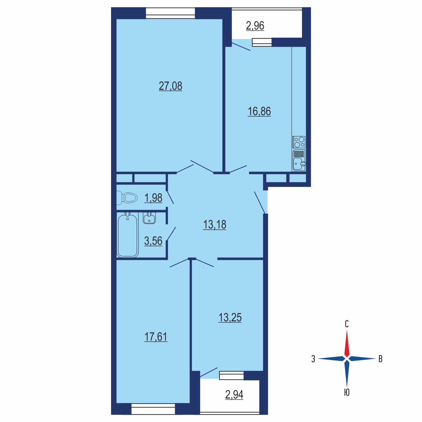 Планировка 4х комнатной квартиры 87.41м² на 7 этаже в ЖК Весна (Апрелевка)