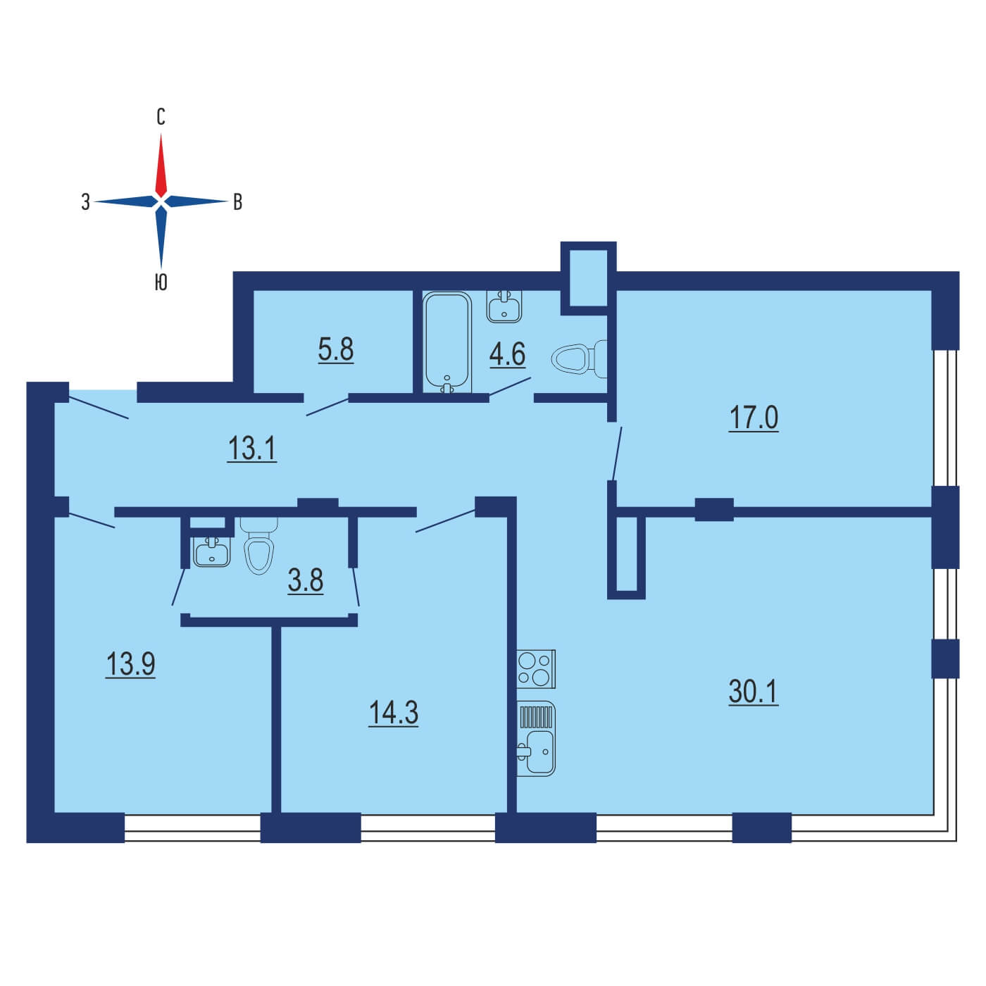 Планировка 4х комнатной квартиры 106.60м² на 1 этаже в ЖК Vnukovo Country Club (Внуково Кантри Клаб)