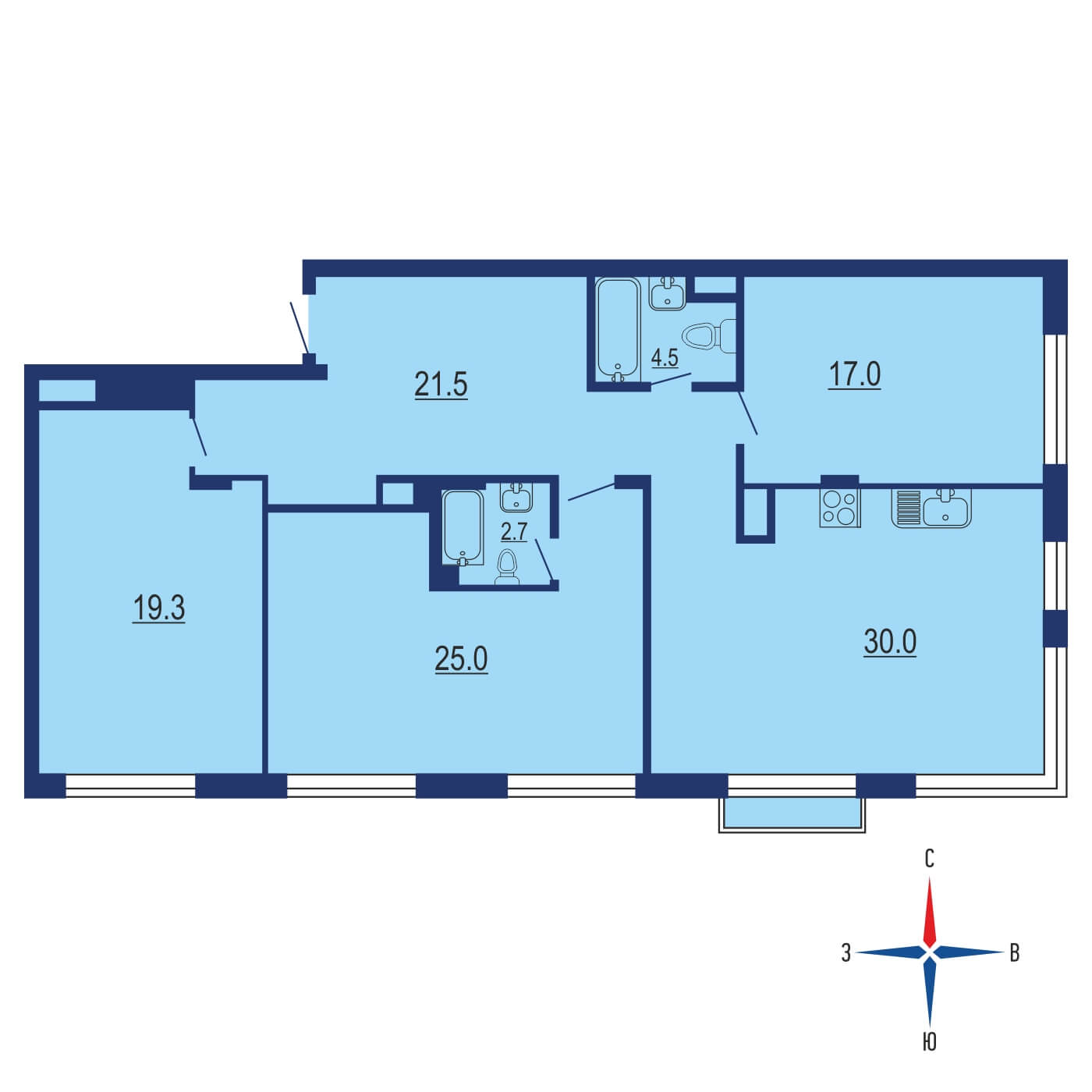 Планировка 4х комнатной квартиры 120.90м² на 6 этаже в ЖК Vnukovo Country Club (Внуково Кантри Клаб)