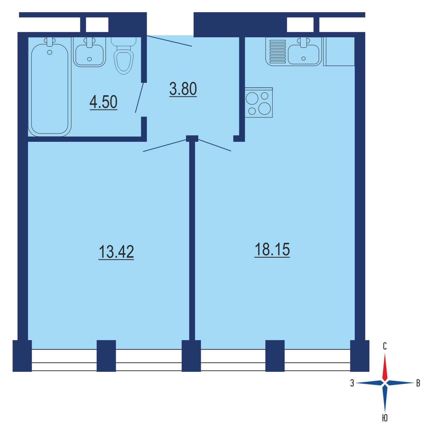 Планировка 1х комнатной квартиры 40.49м² на 3 этаже в ЖК Зиларт