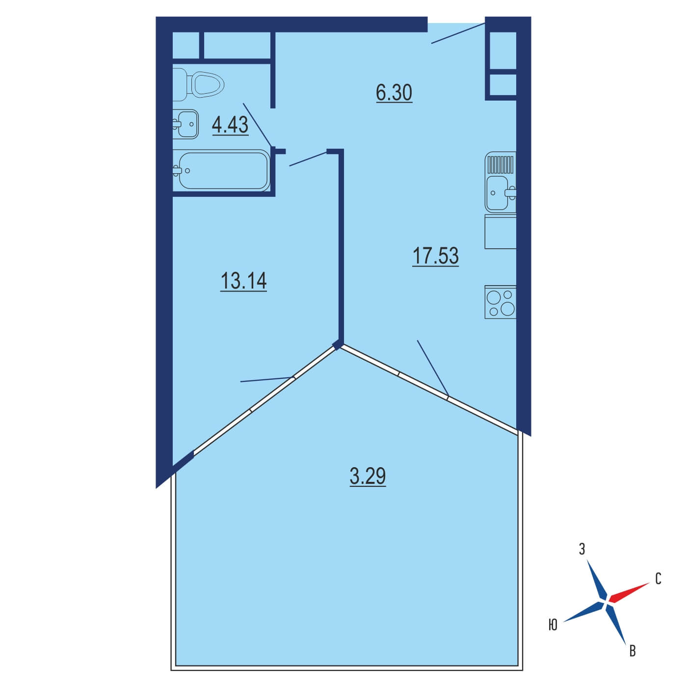 Планировка 2х комнатной квартиры 50.10м² на 12 этаже в ЖК Зиларт