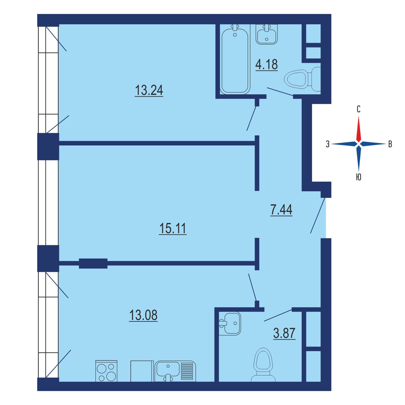 Планировка 2х комнатной квартиры 59.99м² на 31 этаже в ЖК Зиларт