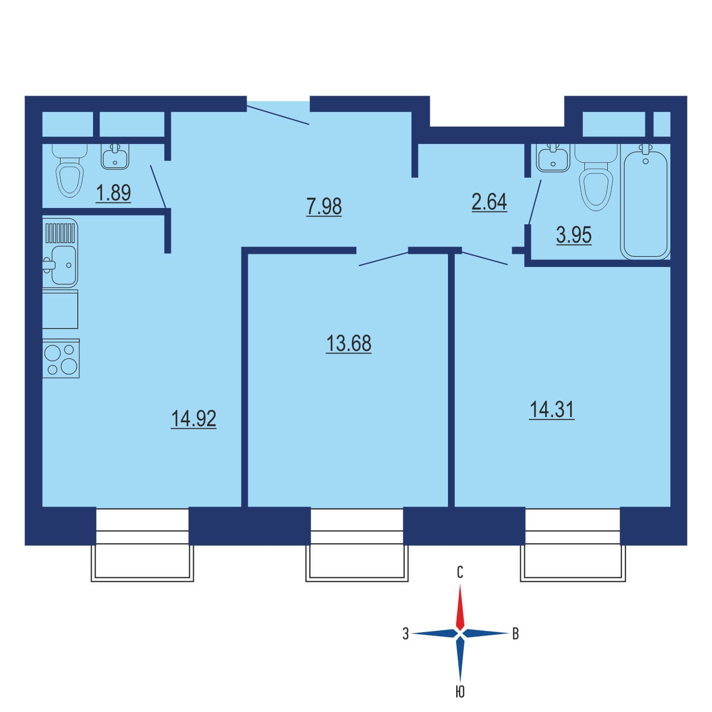 Планировка 2х комнатной квартиры 62.13м² на 12 этаже в ЖК Зиларт