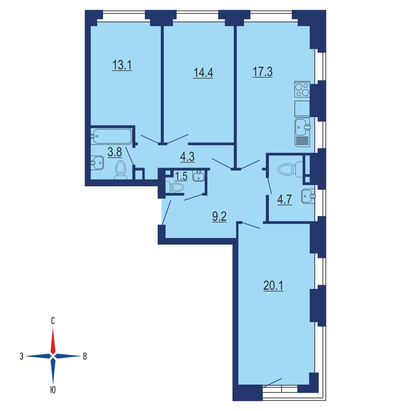 Планировка 3х комнатной квартиры 86.30м² на 4 этаже в ЖК Зиларт