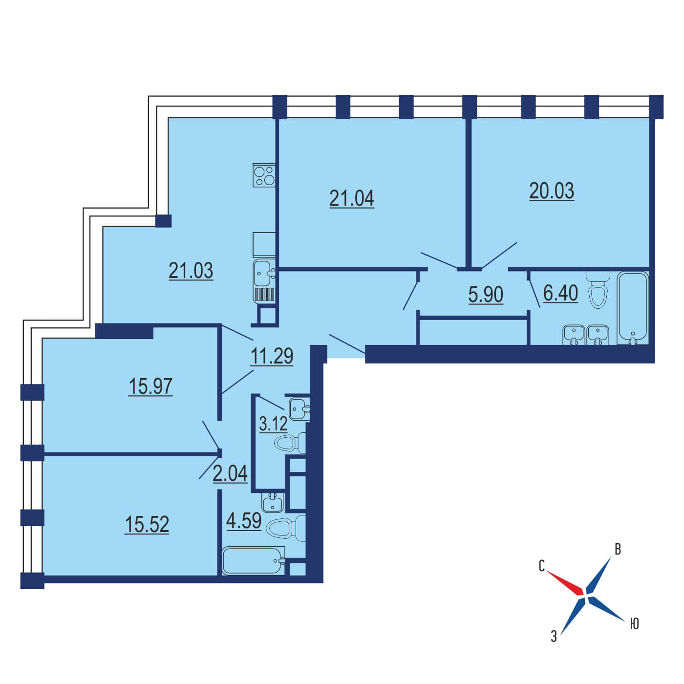Планировка 4х комнатной квартиры 136.10м² на 8 этаже в ЖК Зиларт