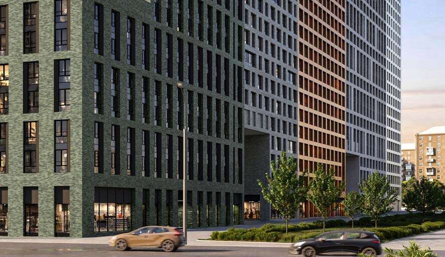 ЖК MYPRIORITY Нижегородская. Вид на комплекс со стороны дороги