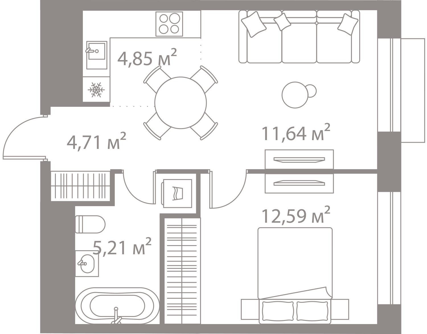 Планировка 1х комнатной квартиры 39.00м² на 3 этаже в Жилой квартал LIFE Варшавская (Лайф Варшавская)