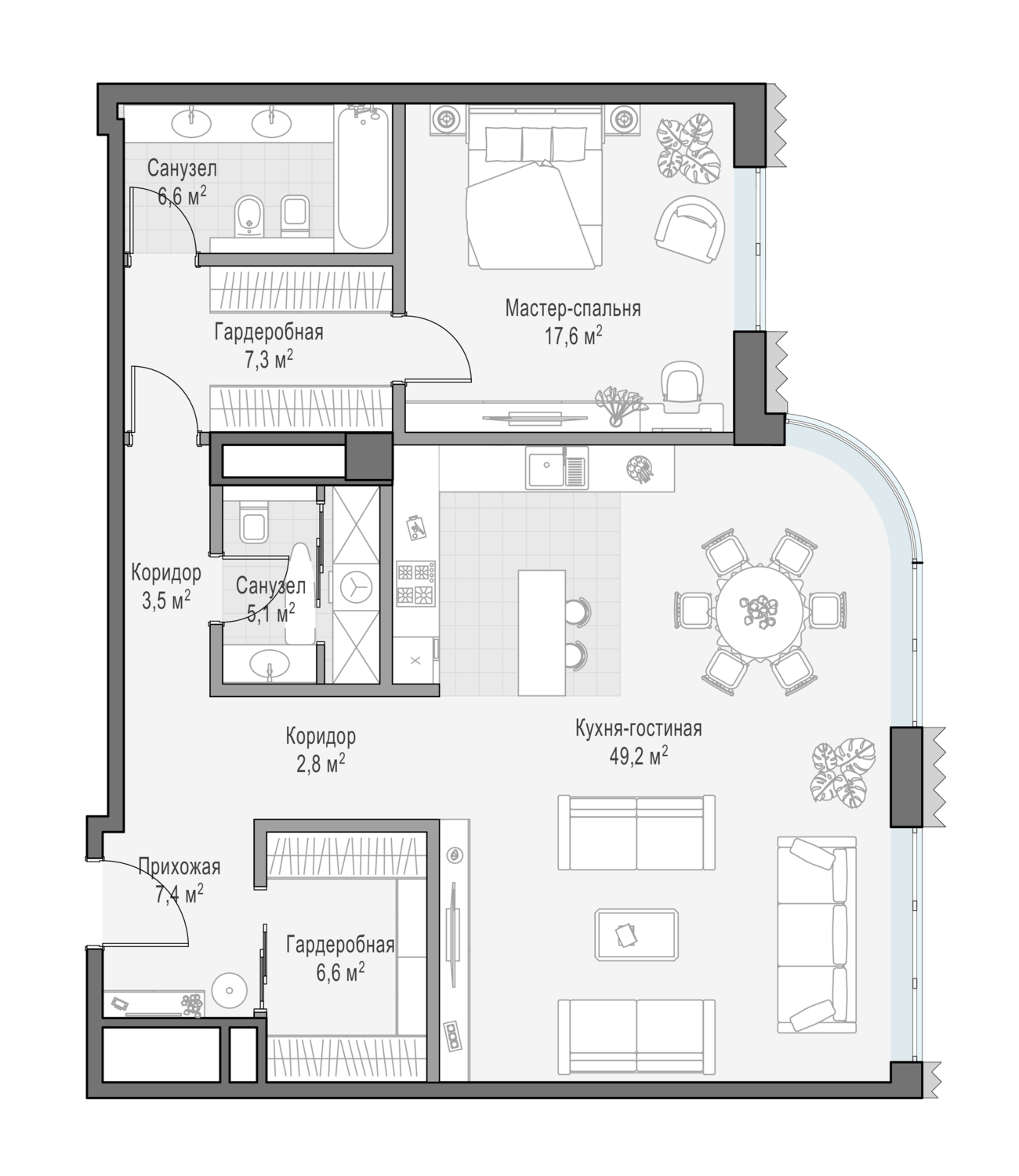 Планировка 2х комнатной квартиры 104.60м² на 5 этаже в Дом Лаврушинский