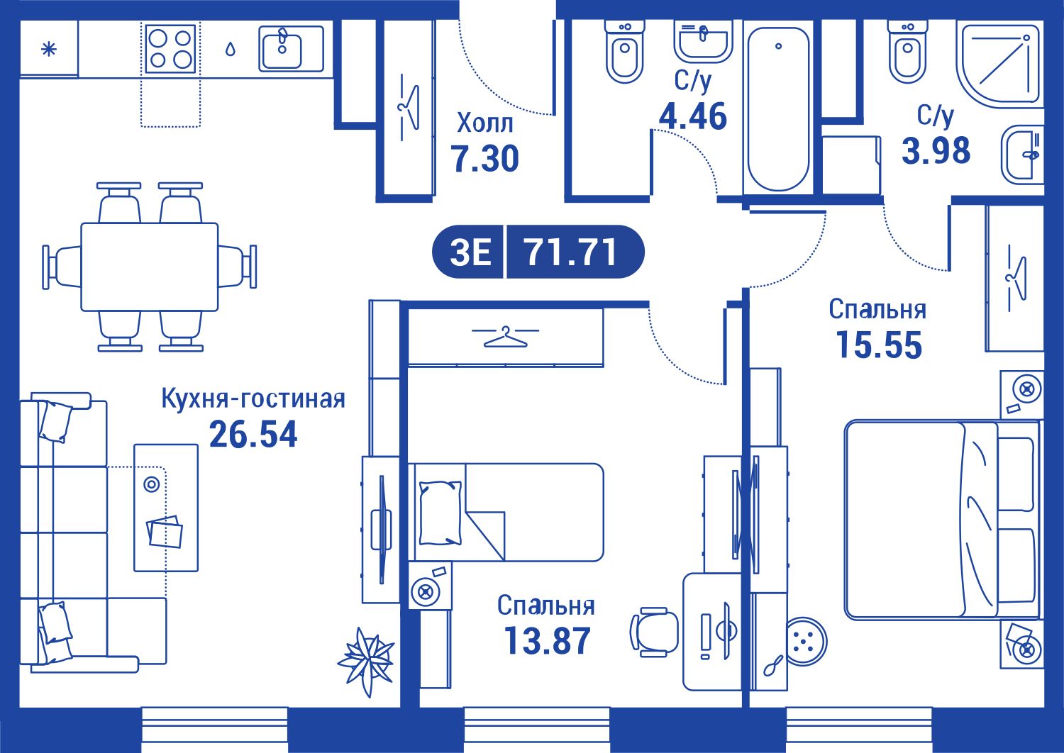 Планировка 2х комнатной квартиры 71.30м² на 9 этаже в Жилой Квартал iLove (ЖК АйЛав)