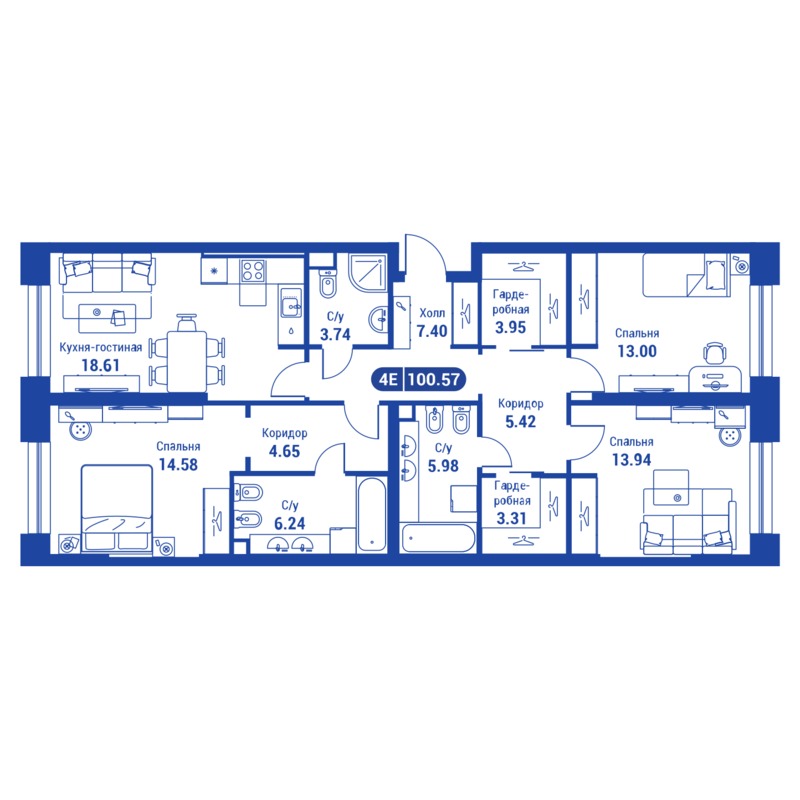 Планировка 4х комнатной квартиры 100.57м² на 2 этаже в Жилой Квартал iLove (ЖК АйЛав)