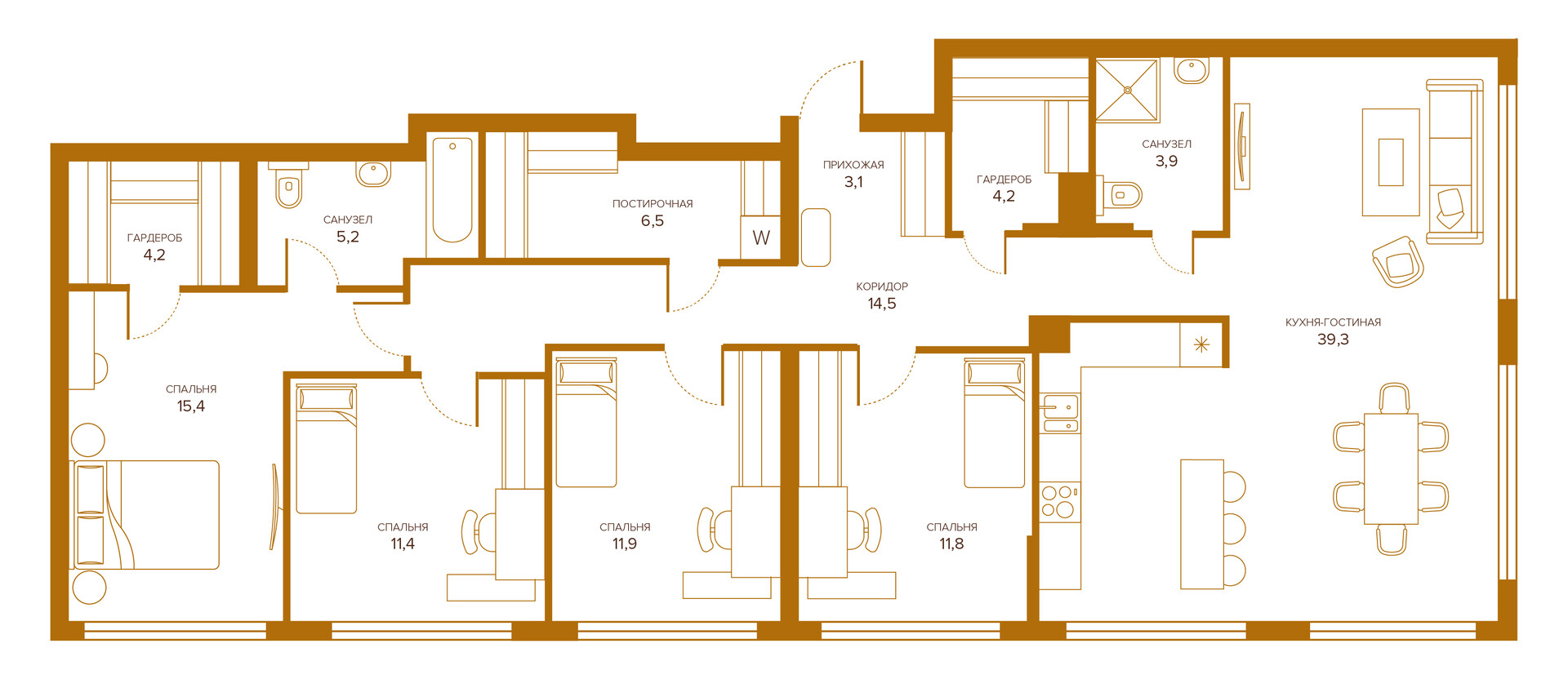 Планировка 4х комнатной квартиры 131.37м² на 7 этаже в ЖК Champine (Шампайн)