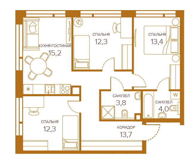 Планировка 3х комнатной квартиры 74.78м² на 8 этаже в ЖК Champine (Шампайн)