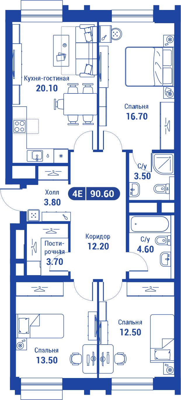 Планировка 4х комнатной квартиры 90.60м² на 2 этаже в Жилой Квартал iLove (ЖК АйЛав)