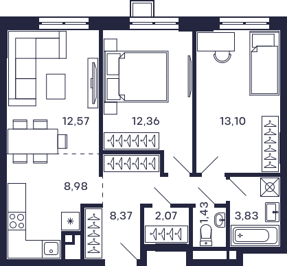 Планировка 2х комнатной квартиры 62.71м² на 10 этаже в Квартал Тетрис