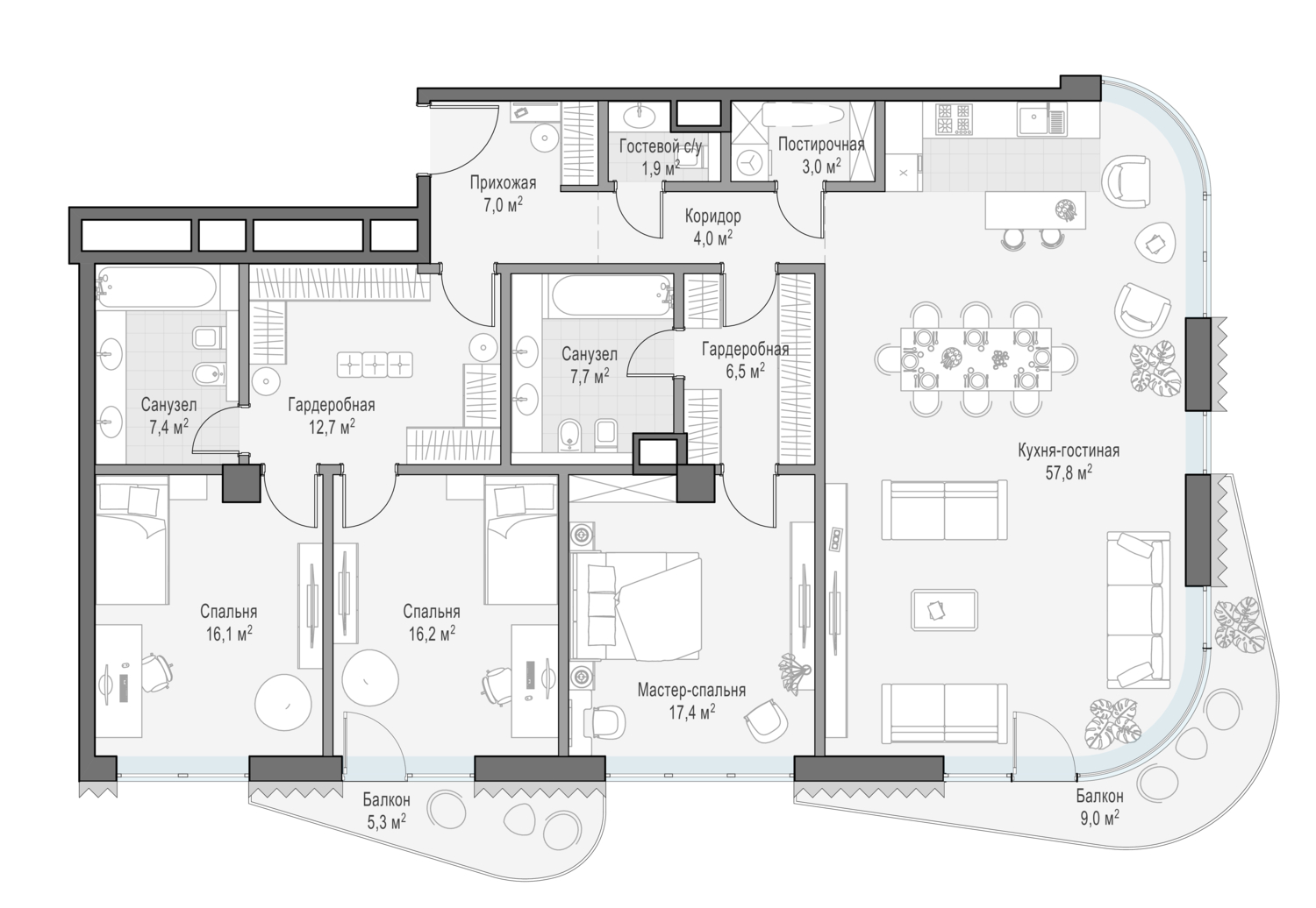 Планировка 3х комнатной квартиры 161.80м² на 8 этаже в Дом Лаврушинский