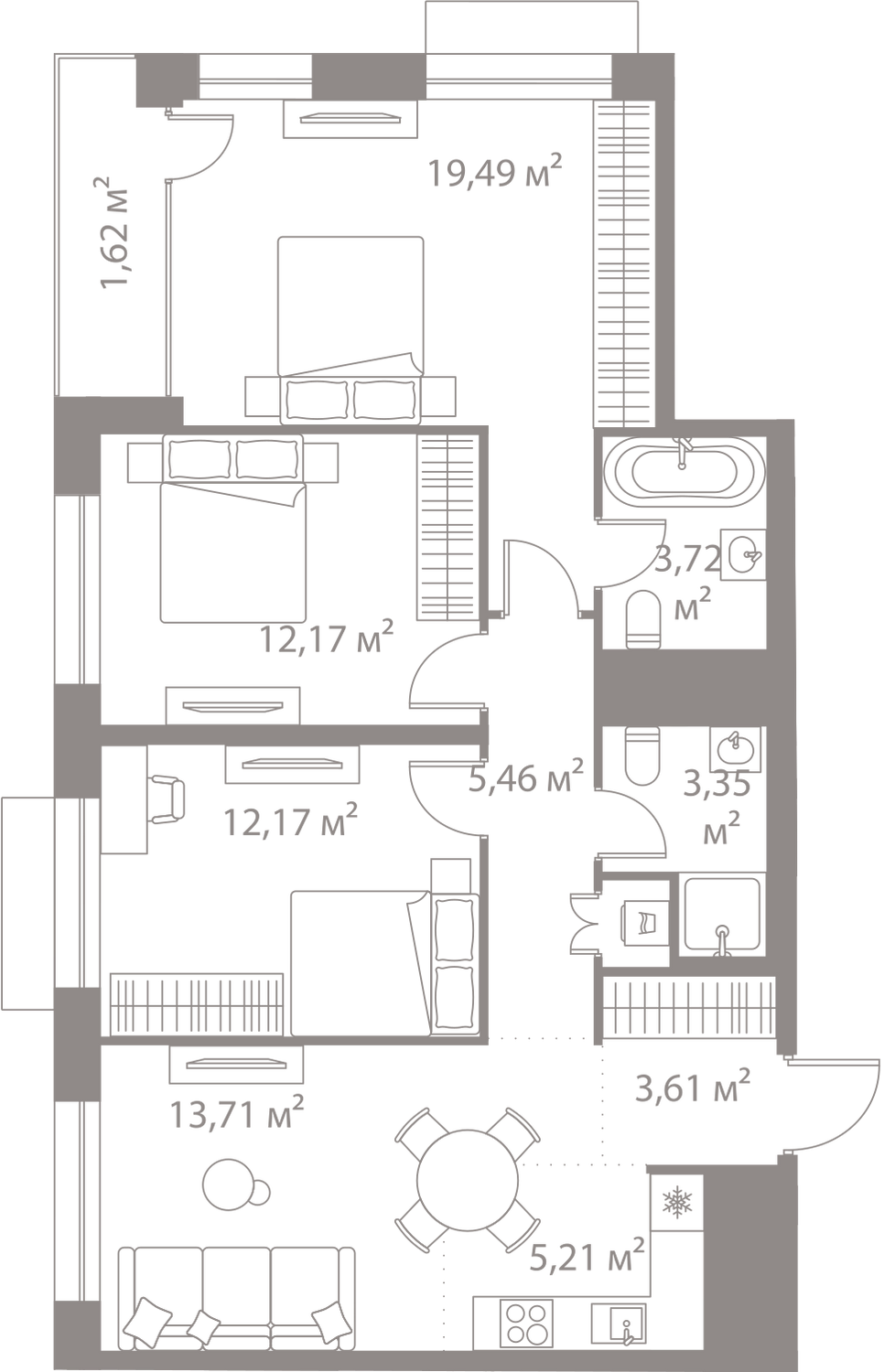 Планировка 3х комнатной квартиры 80.51м² на 5 этаже в Жилой квартал LIFE Варшавская (Лайф Варшавская)