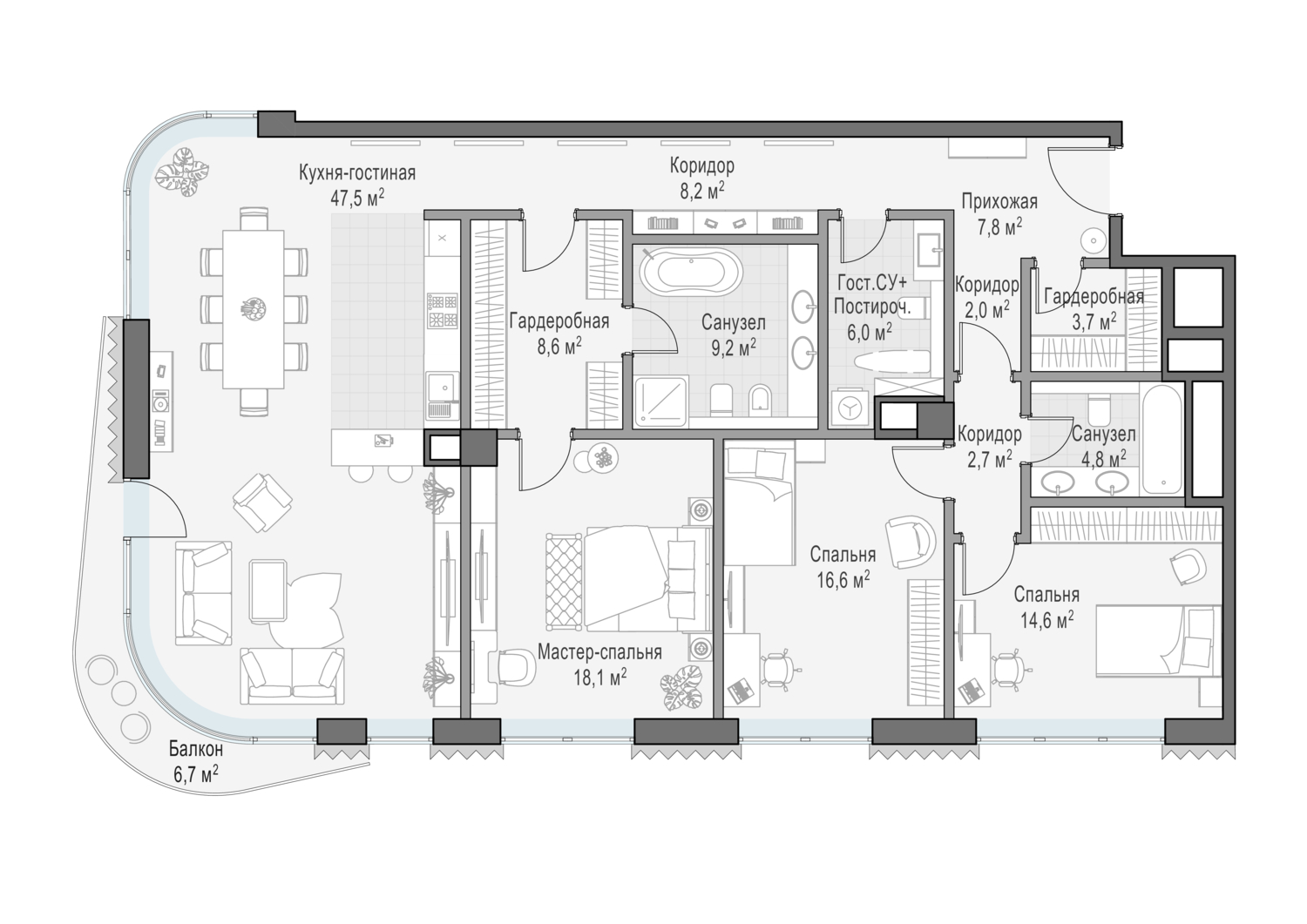 Планировка 3х комнатной квартиры 152.40м² на 4 этаже в Дом Лаврушинский