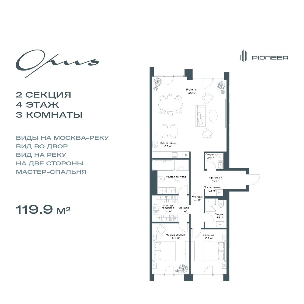 Планировка 3х комнатной квартиры 120.70м² на 4 этаже в Клубный дом OPUS (ЖК Опус)