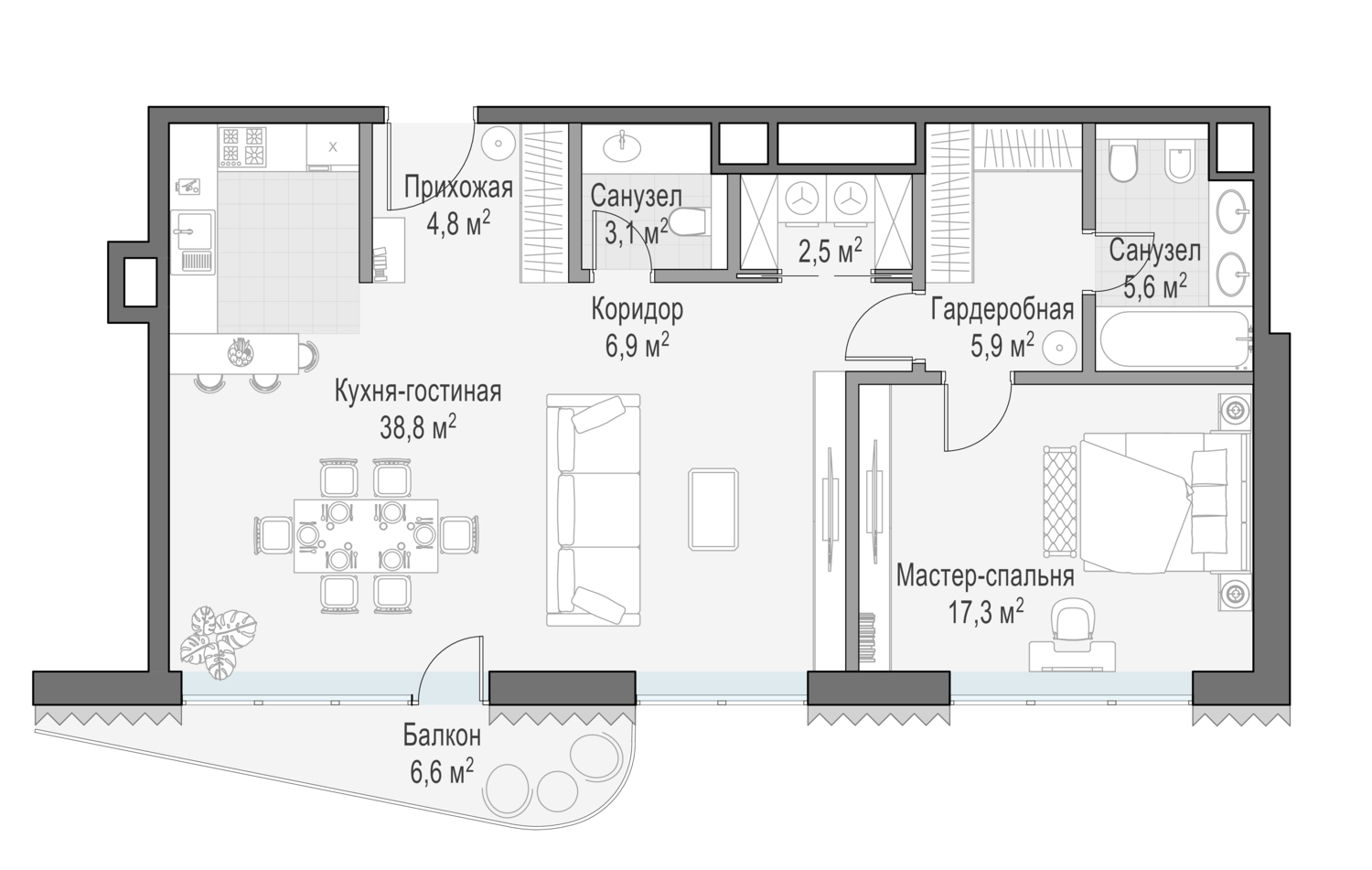 Планировка 2х комнатной квартиры 86.00м² на 3 этаже в Дом Лаврушинский