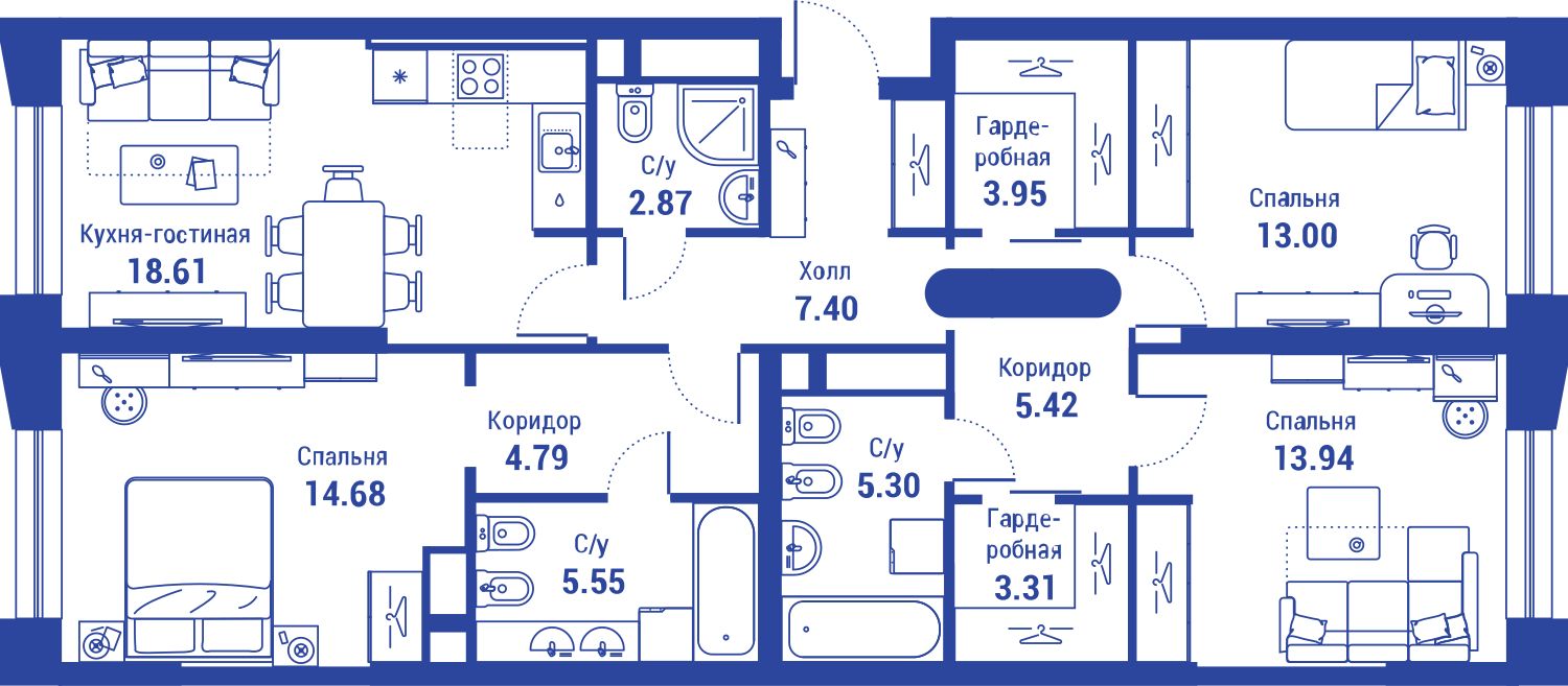 Планировка 4х комнатной квартиры 98.82м² на 8 этаже в Жилой Квартал iLove (ЖК АйЛав)